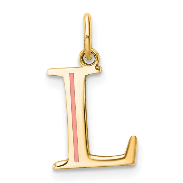 Gold letter L charm with a pink enamel stripe down the center, suspended from a gold bail loop.