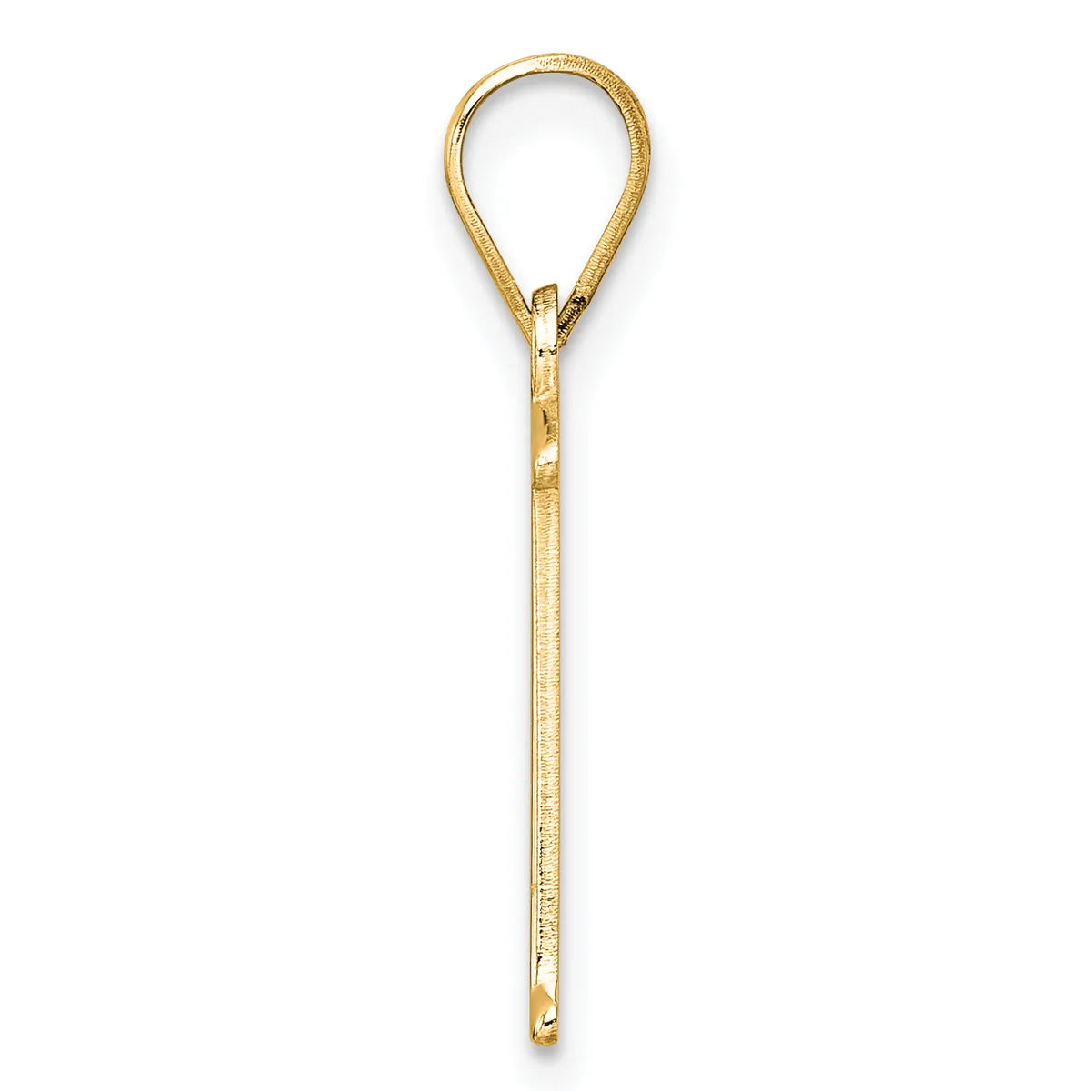 A long gold-toned metal bookmark or charm with a teardrop-shaped loop at the top and a textured cylindrical stem, shown against a white background.