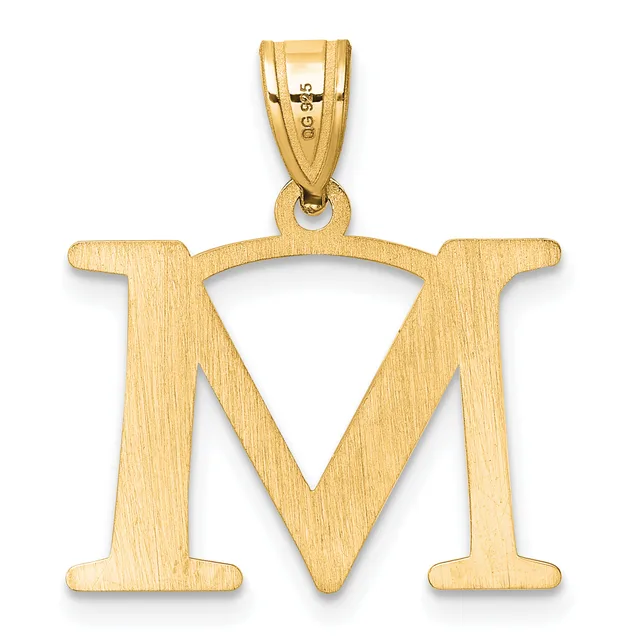A gold letter M pendant with a brushed finish and a small stamped hallmark, shown suspended from a bail loop against a white background.