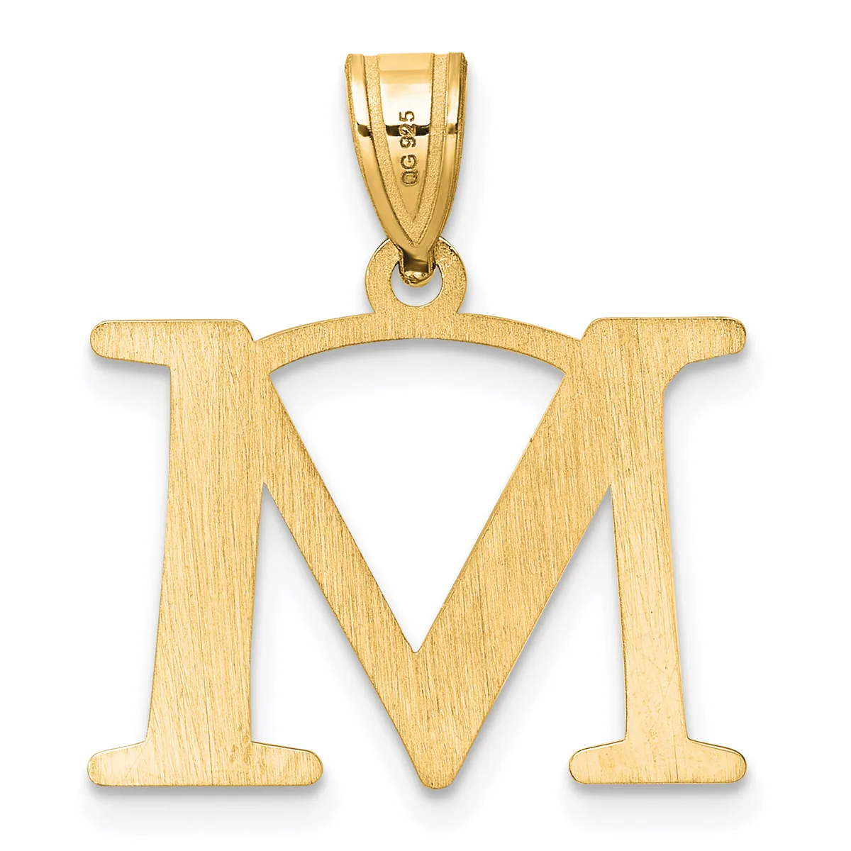 A gold letter M pendant with a brushed finish and a small stamped hallmark, shown suspended from a bail loop against a white background.