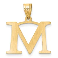 A gold letter M pendant with a brushed finish and a small stamped hallmark, shown suspended from a bail loop against a white background.