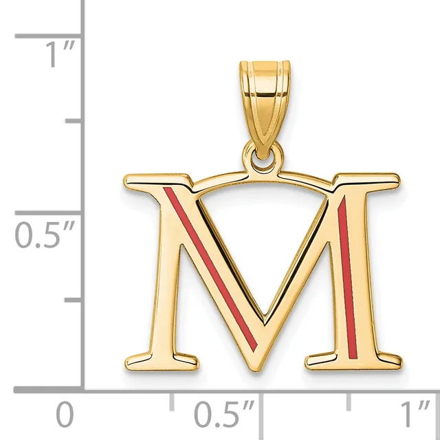 Gold letter M pendant with red enamel diagonal stripes, shown next to a ruler indicating approximately one inch in height.