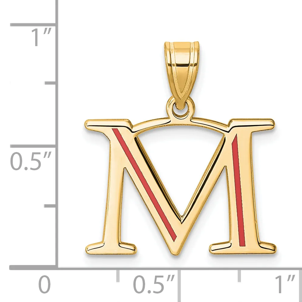Gold letter M pendant with red enamel diagonal stripes, shown next to a ruler indicating approximately one inch in height.