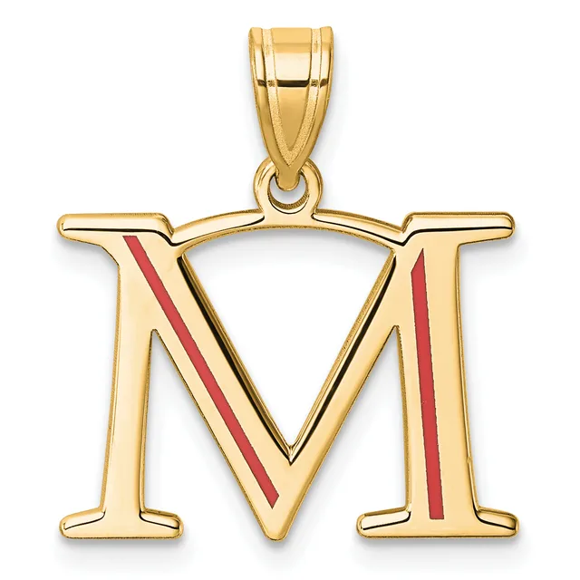 Gold pendant featuring the letter M with red enamel diagonal stripes, suspended from a bale loop against a white background.