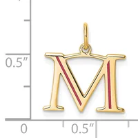 Gold pendant charm with the letter M outlined in gold and filled with red enamel, shown next to a ruler indicating approximately 0.5 inches in height and width.
