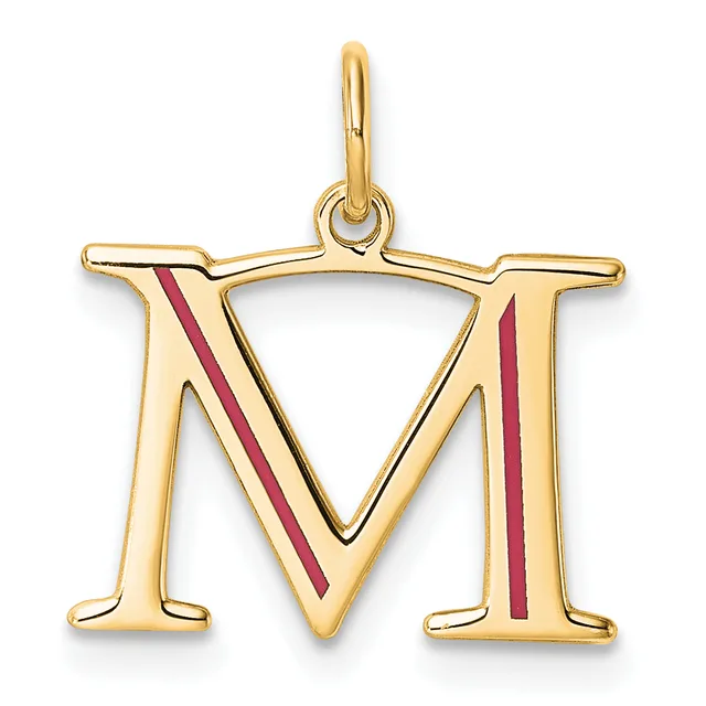 Gold pendant shaped like the letter M with red enamel stripes, featuring a small loop at the top for hanging.