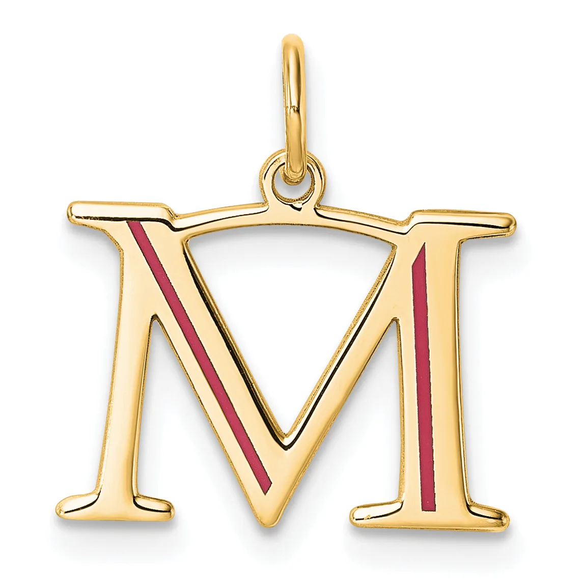 Gold pendant shaped like the letter M with red enamel stripes, featuring a small loop at the top for hanging.