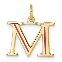 Gold pendant shaped like the letter M with red enamel stripes, featuring a small loop at the top for hanging.