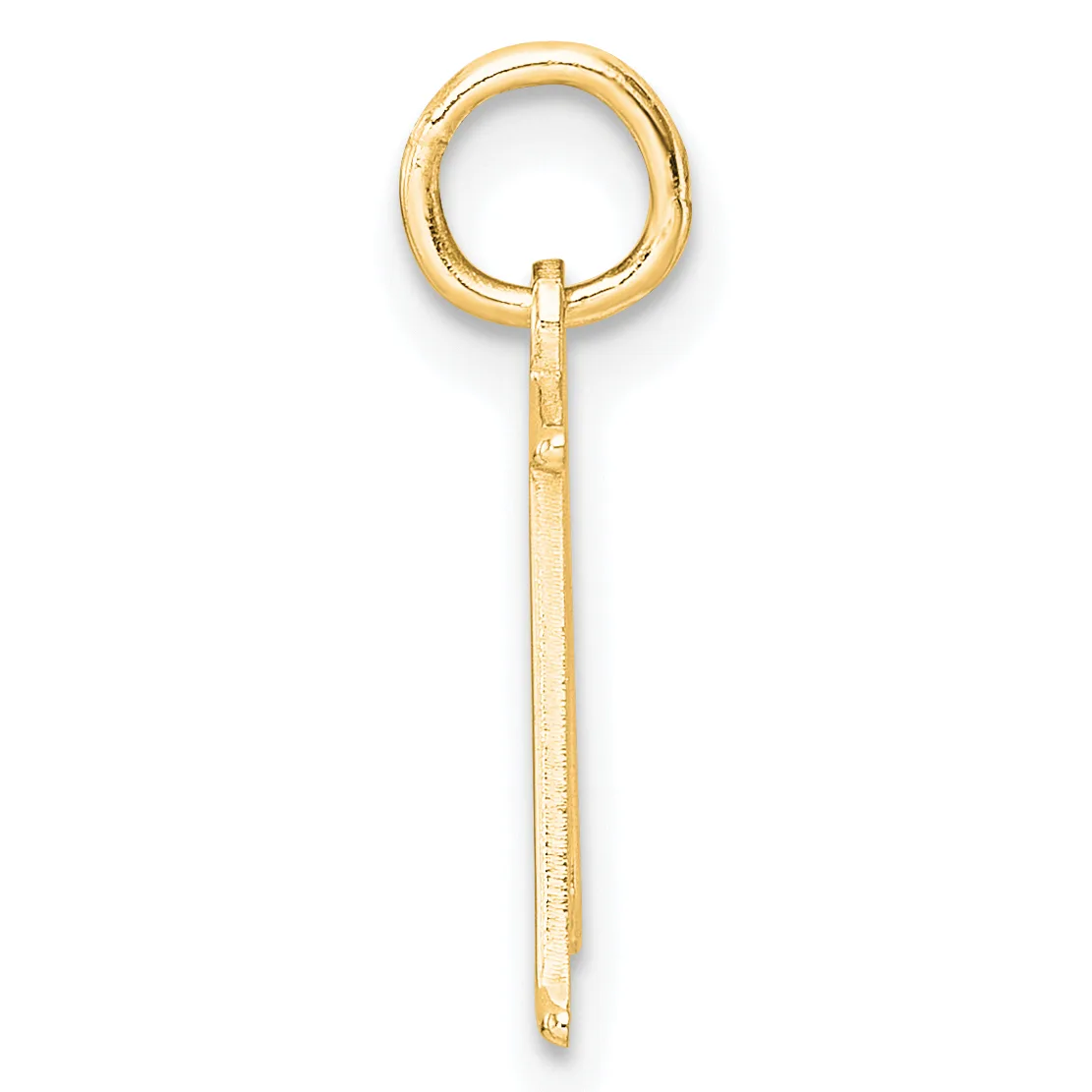 A gold charm pendant consisting of a circular loop at the top connected to a long rectangular shaft with a small hallmark stamp, shown against a white background.