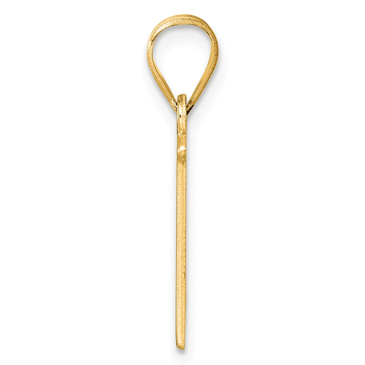A long gold pendant with a teardrop-shaped loop at the top and a tapered shaft below, shown against a white background.