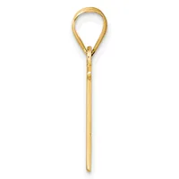 A long gold pendant with a teardrop-shaped loop at the top and a tapered shaft below, shown against a white background.