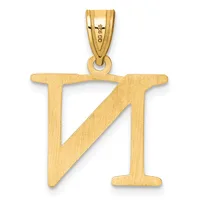 Gold pendant in the shape of the letter N with a brushed finish and a small stamped hallmark, shown hanging from a bail loop.