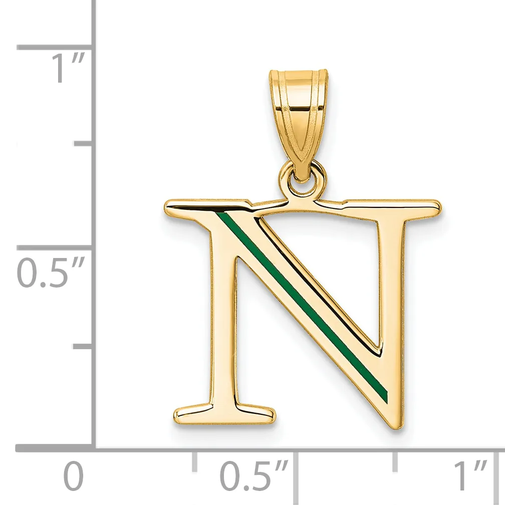 Gold pendant in the shape of the letter N with a green diagonal stripe, shown next to a ruler indicating its size is approximately one inch tall.