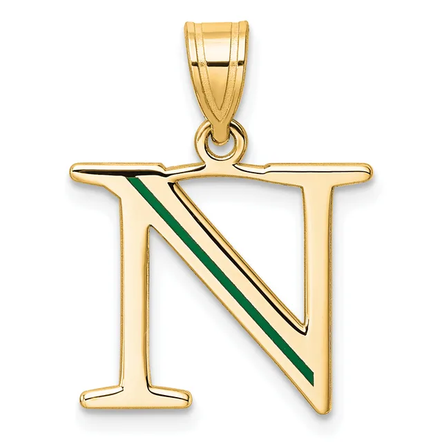 Gold pendant shaped like the letter N with a green diagonal stripe across the right side, suspended from a gold bail.