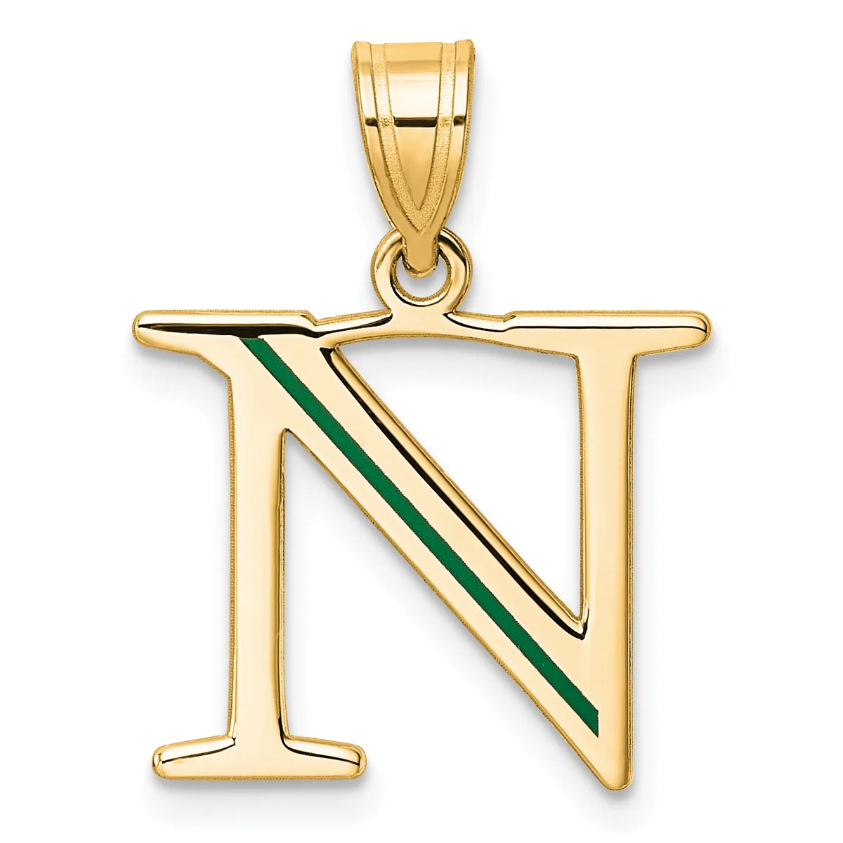 Gold pendant shaped like the letter N with a green diagonal stripe across the right side, suspended from a gold bail.