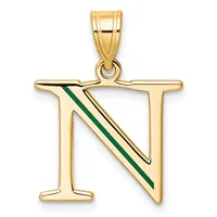 Gold pendant shaped like the letter N with a green diagonal stripe across the right side, suspended from a gold bail.