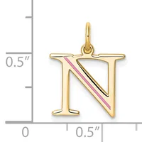 Gold letter N pendant with pink and black enamel diagonal stripes, shown next to a measurement scale indicating approximately 0.5 inches in height.