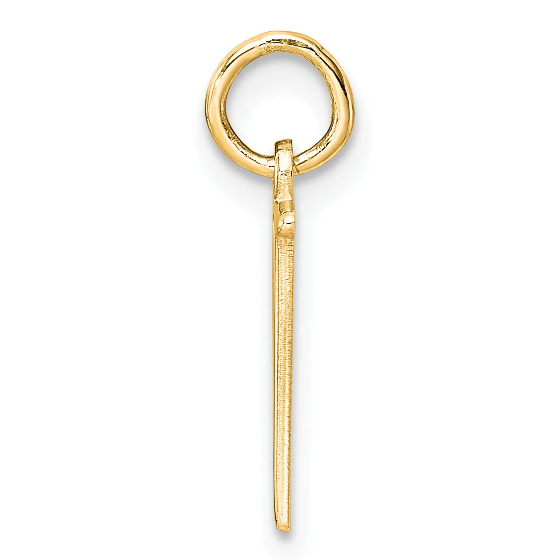 A gold charm pendant consisting of a round loop at the top connected to a long tapered rectangular stem, photographed against a white background.