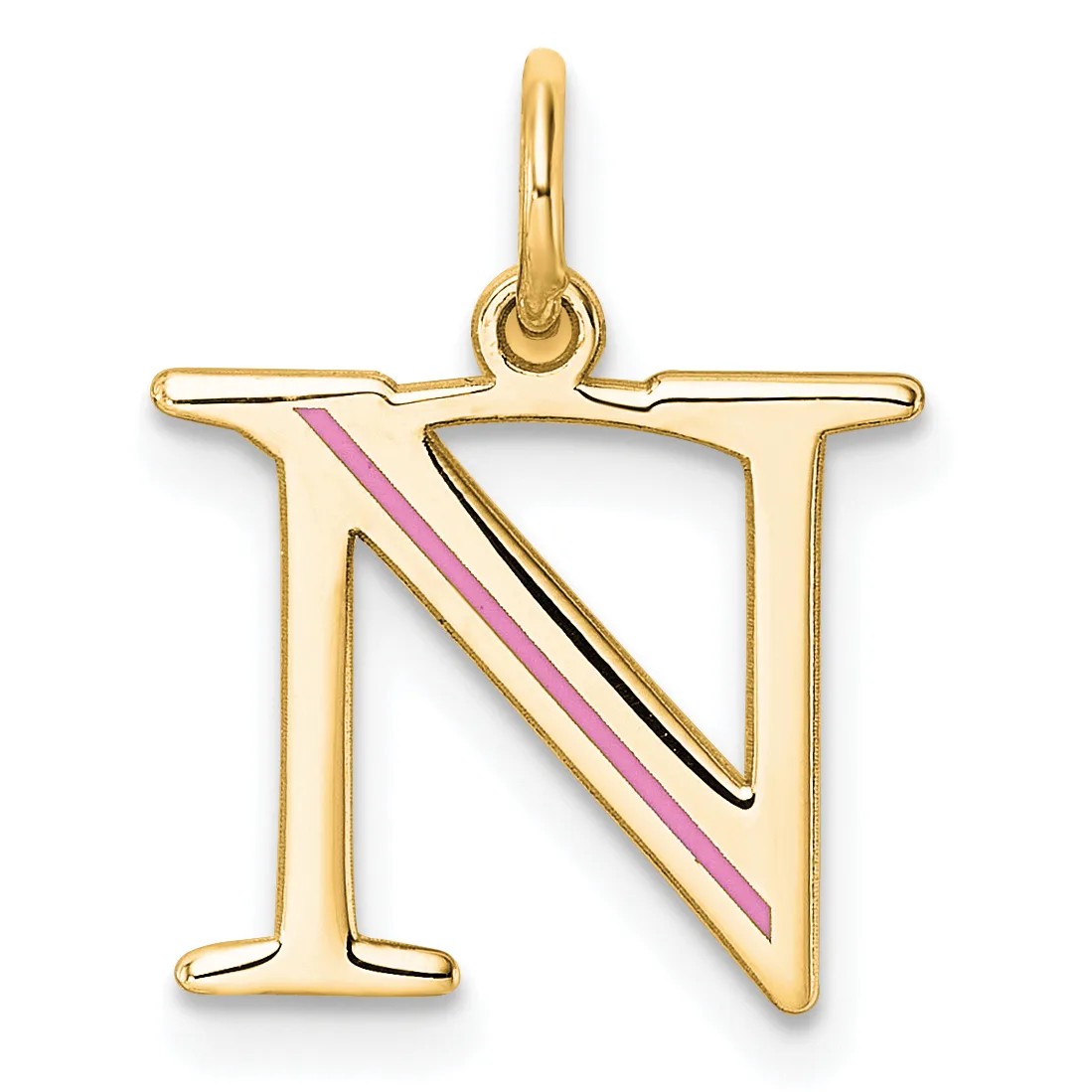 Gold pendant in the shape of the letter N with pink and black enamel diagonal stripes, suspended from a gold loop bail.