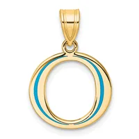 A gold circular pendant with blue enamel stripes on the sides, suspended from a gold bail, shown against a white background.