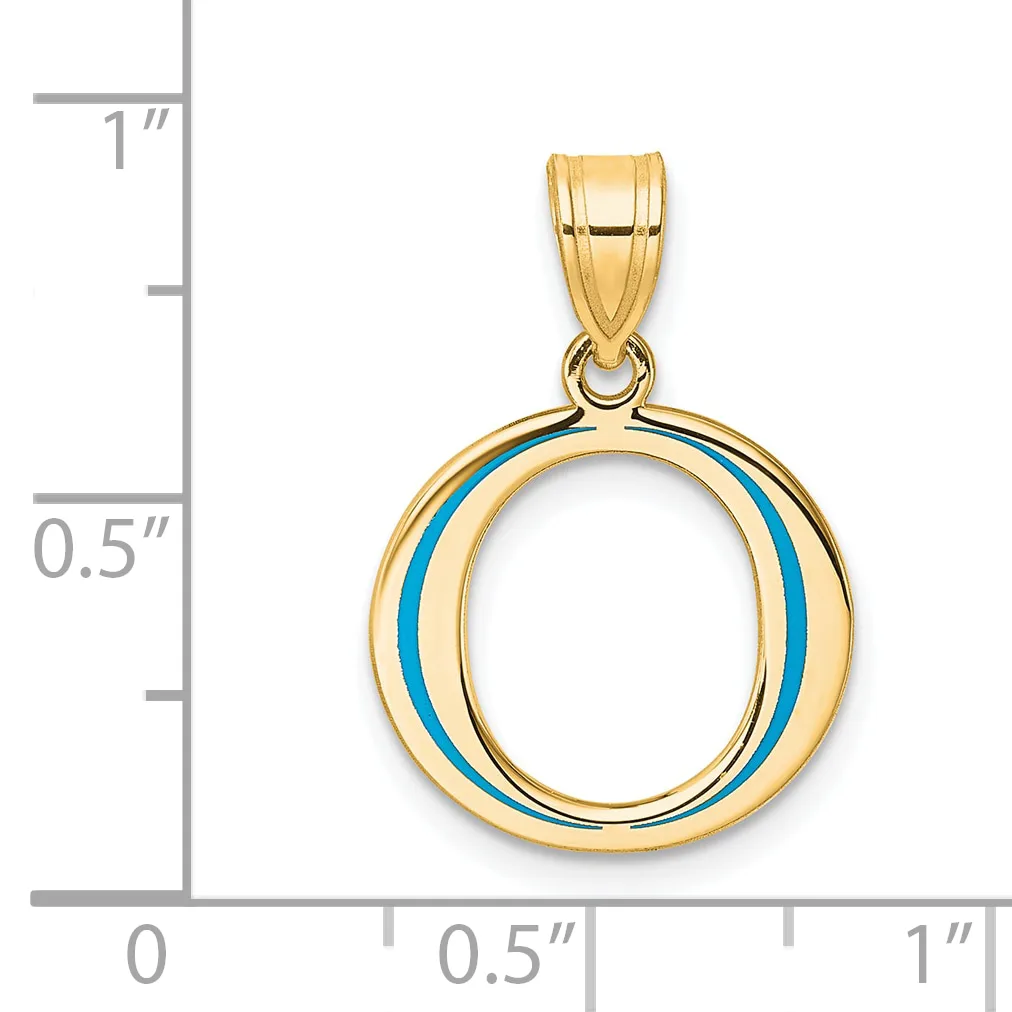 Gold circular pendant with blue enamel stripes, shown next to a ruler indicating approximately one inch in height.