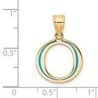 Gold circular pendant with blue enamel stripes, shown next to a ruler indicating approximately one inch in height.
