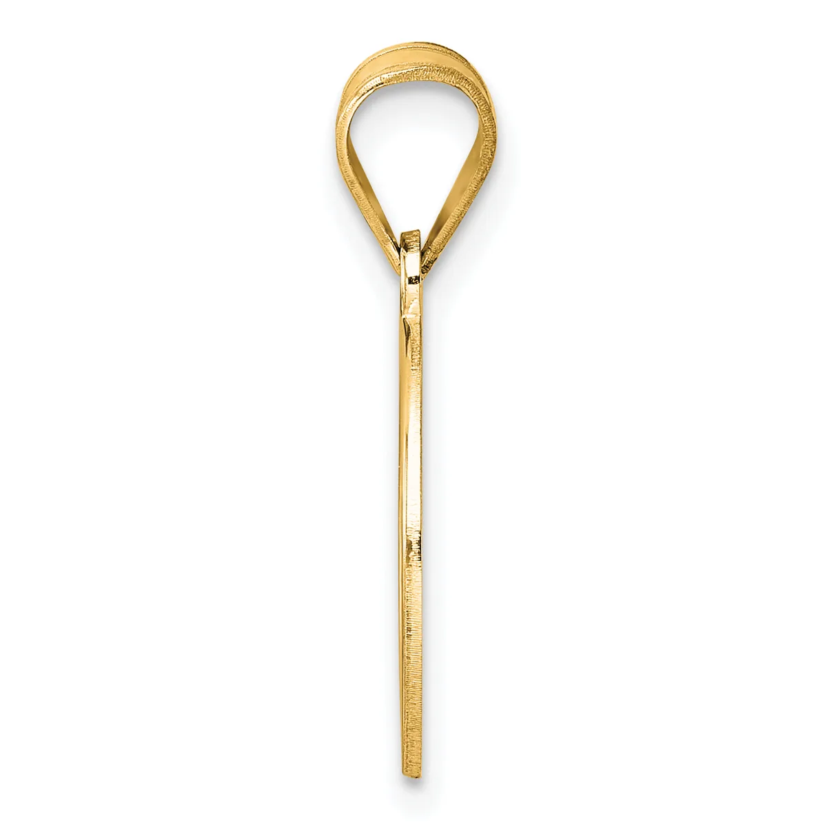 A gold-colored teardrop-shaped pendant with a textured finish and a long stem, displayed against a white background.