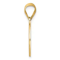 A gold-colored teardrop-shaped pendant with a textured finish and a long stem, displayed against a white background.