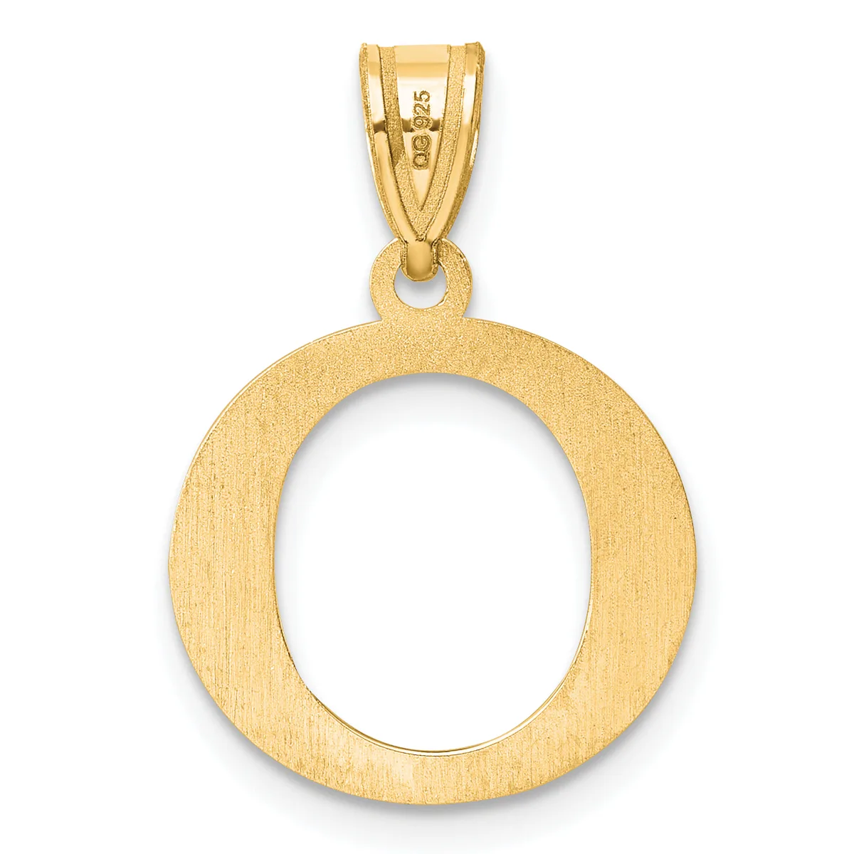 A polished gold circular pendant with a hollow center and textured brushed finish, suspended from a small gold bail with a hallmark stamp.