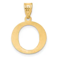 A polished gold circular pendant with a hollow center and textured brushed finish, suspended from a small gold bail with a hallmark stamp.