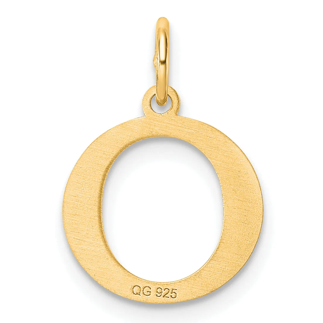 A gold circular pendant with a hollow center and a small loop at the top for hanging, featuring a brushed matte finish and a small stamped hallmark on the lower edge.