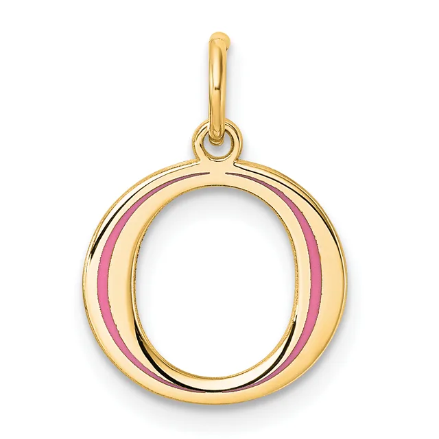 Gold-toned circular pendant with pink enamel stripes on the sides and a polished bail loop at the top.
