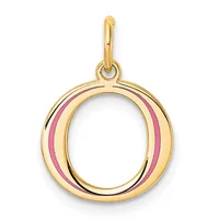 Gold-toned circular pendant with pink enamel stripes on the sides and a polished bail loop at the top.