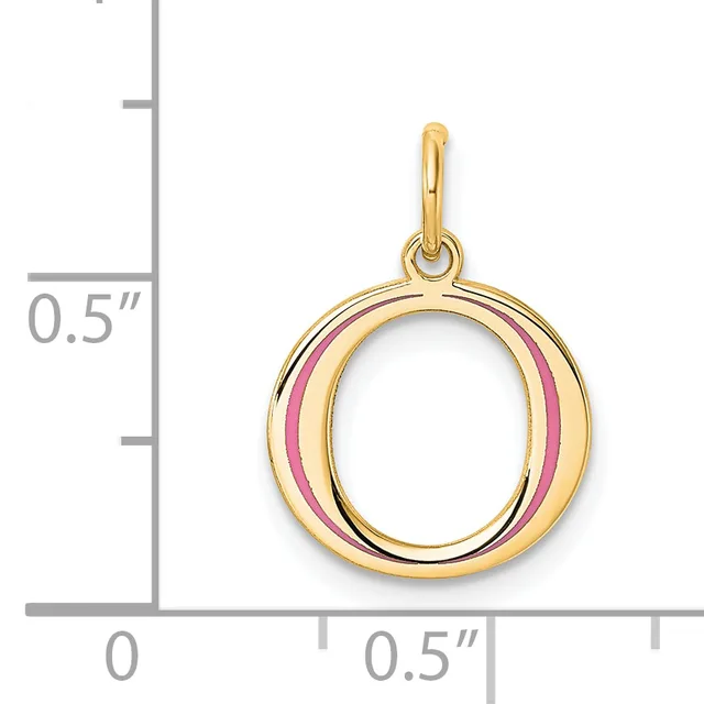 Gold pendant with pink enamel stripe displayed against a measurement scale showing approximately 0.5 inches in height and width.
