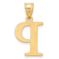 A gold pendant in the shape of the letter "p" with a brushed finish, suspended from a bail loop at the top.