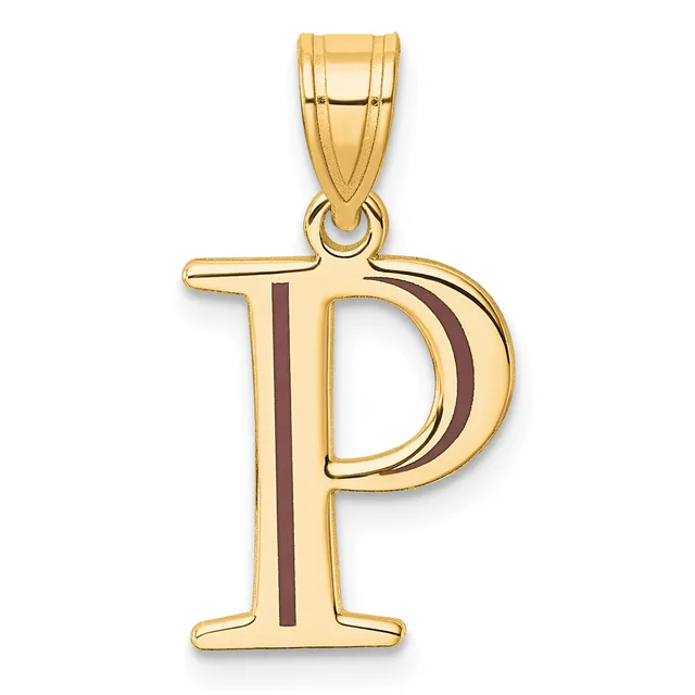 Gold letter P pendant with dark red enamel stripe down the center, shown hanging from a gold bail against a white background.