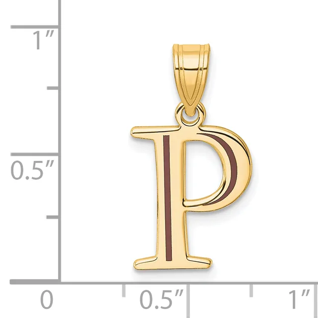 Gold pendant in the shape of the letter P with a dark enamel stripe down the center, shown next to a measurement scale indicating approximately one inch in height.