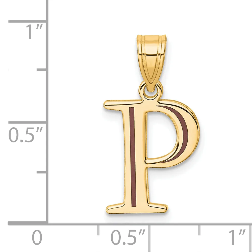 Gold pendant in the shape of the letter P with a dark enamel stripe down the center, shown next to a measurement scale indicating approximately one inch in height.