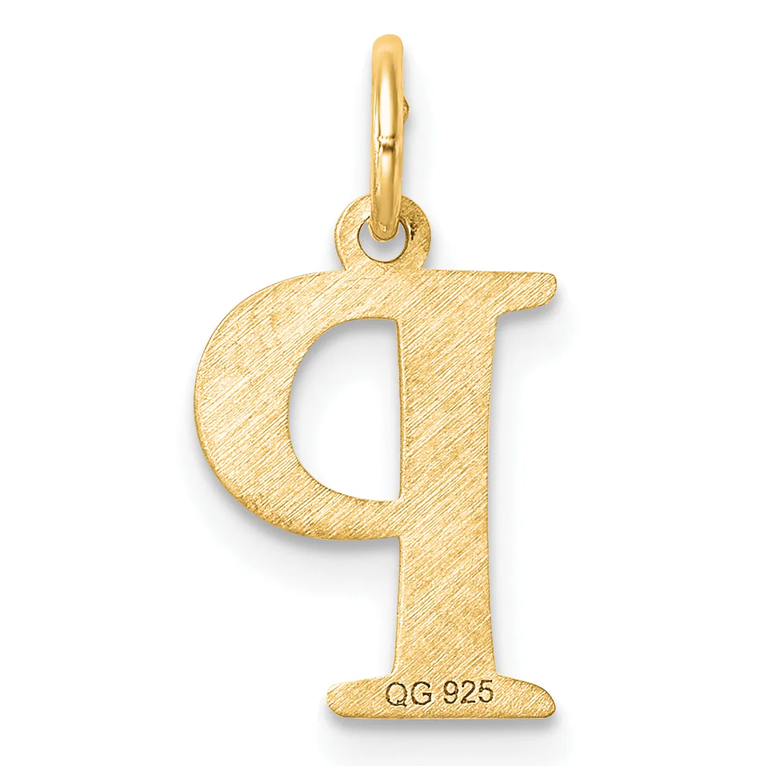 Gold letter "q" pendant with a textured finish and a small stamped hallmark on the base, suspended from a gold bail loop.