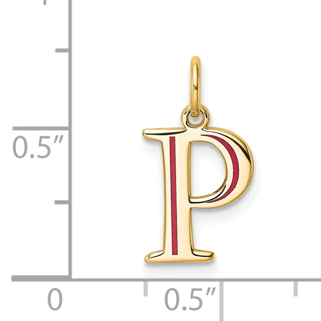 Gold pendant in the shape of the letter P with a red enamel stripe down the center, shown next to a ruler indicating approximately half an inch in height.