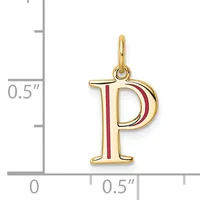 Gold pendant in the shape of the letter P with a red enamel stripe down the center, shown next to a ruler indicating approximately half an inch in height.