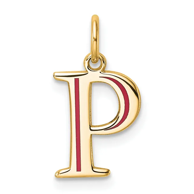 Gold letter P pendant with red enamel stripe, suspended from a gold loop bail.