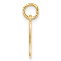 A gold pendant featuring a circular loop at the top connected to a long rectangular bail with textured surface and a small stamped hallmark near the bottom.