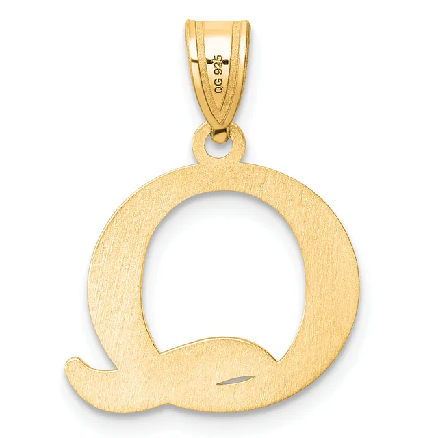 Gold pendant in the shape of the letter Q with a brushed finish and a small stamped hallmark on the bail.