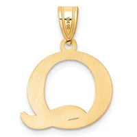 Gold pendant in the shape of the letter Q with a brushed finish and a small stamped hallmark on the bail.