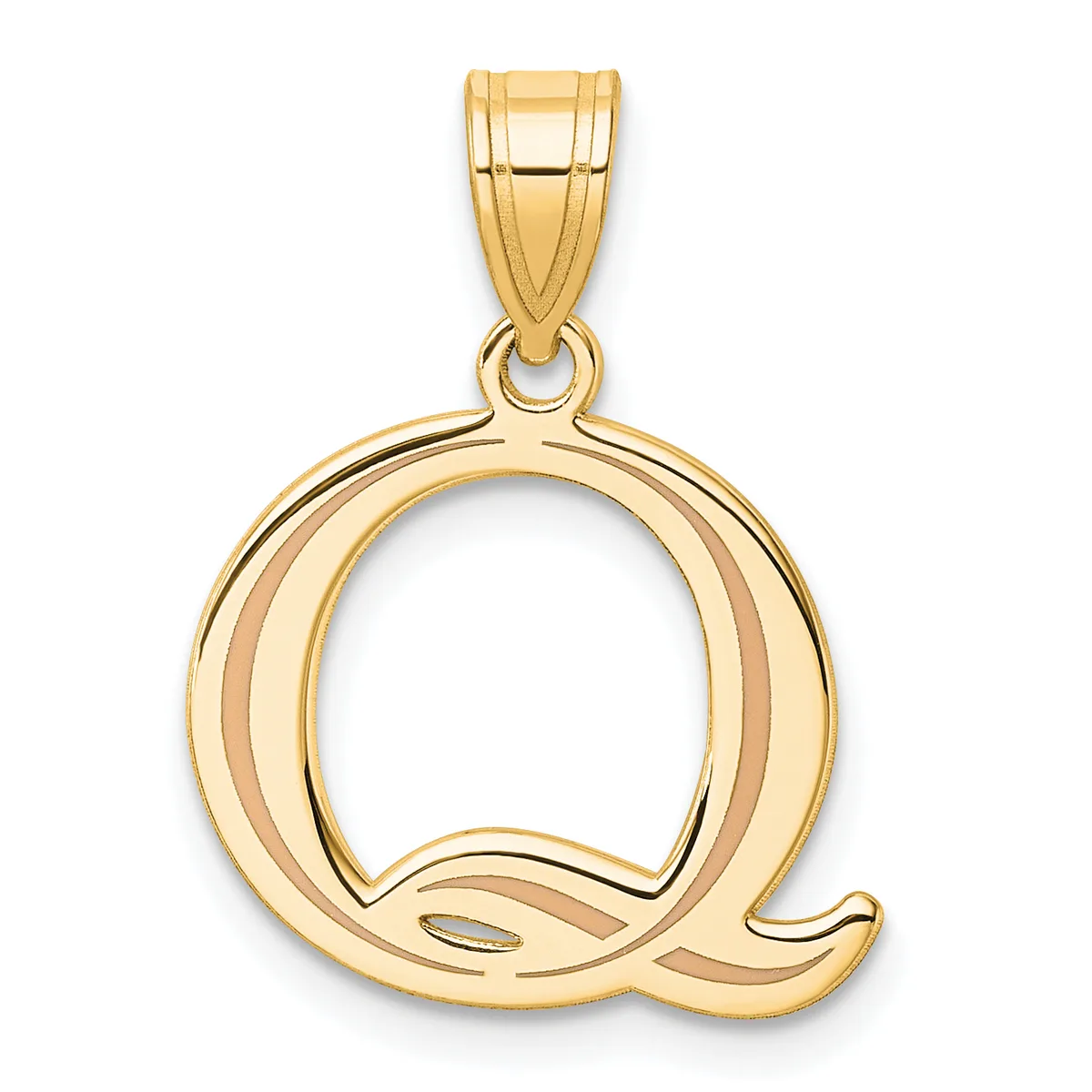 Gold letter Q pendant with a polished finish and bail loop at the top, shown against a white background.