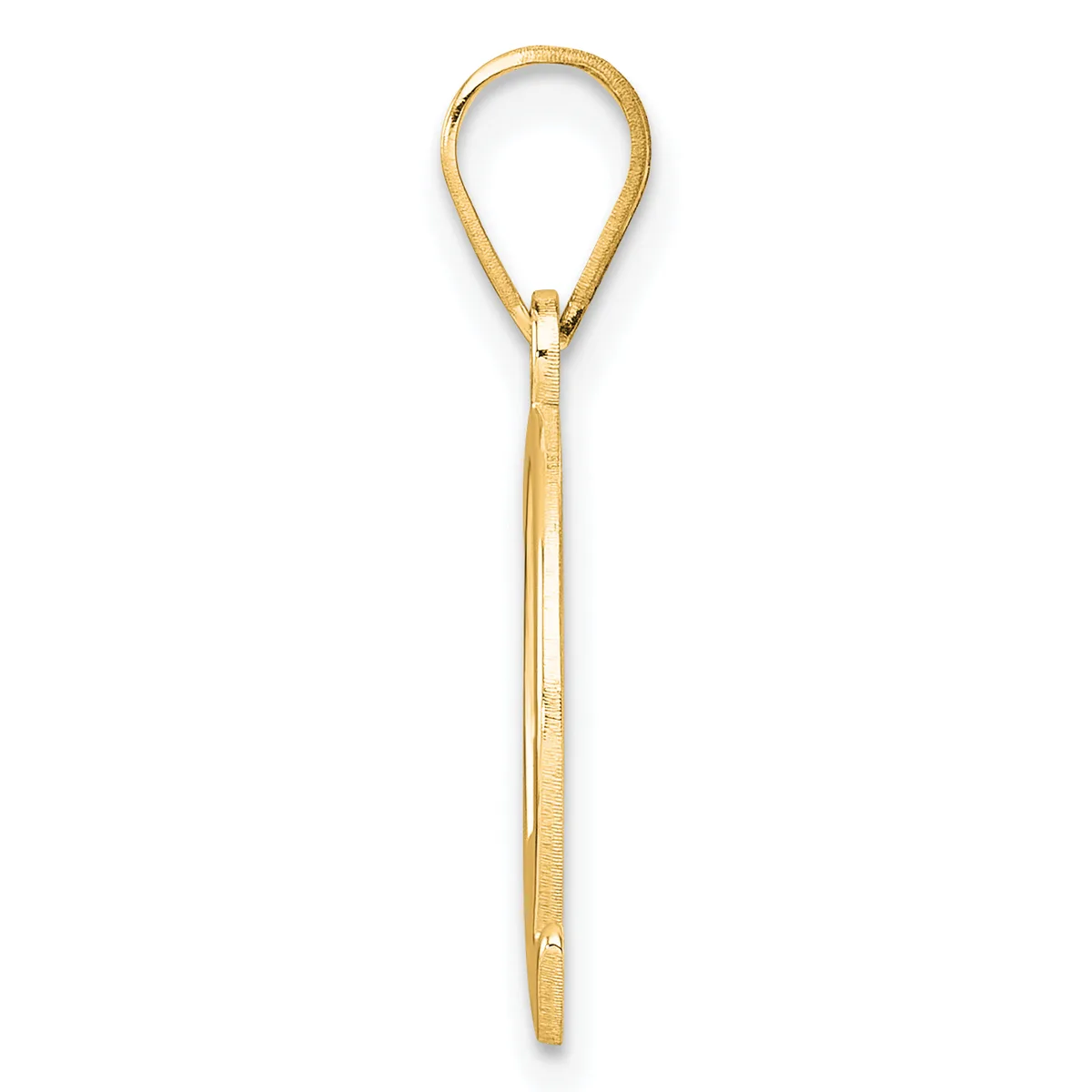 A gold teardrop-shaped pendant with a long stem, shown against a white background.