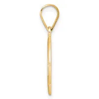 A gold teardrop-shaped pendant with a long stem, shown against a white background.