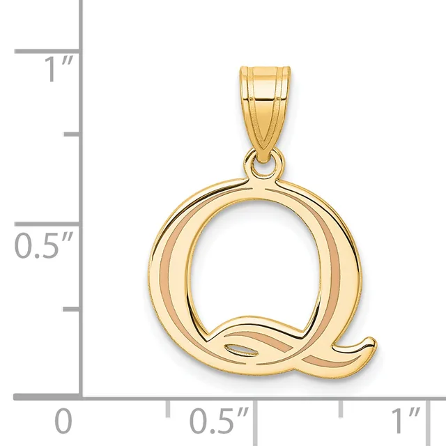Gold letter Q pendant with hollow design and small hallmark, shown next to a ruler measuring approximately one inch in height.