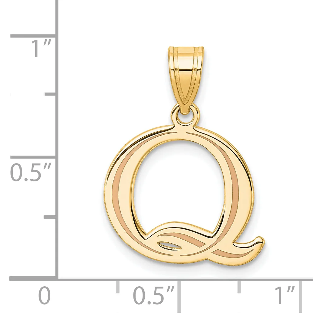 Gold letter Q pendant with hollow design and small hallmark, shown next to a ruler measuring approximately one inch in height.
